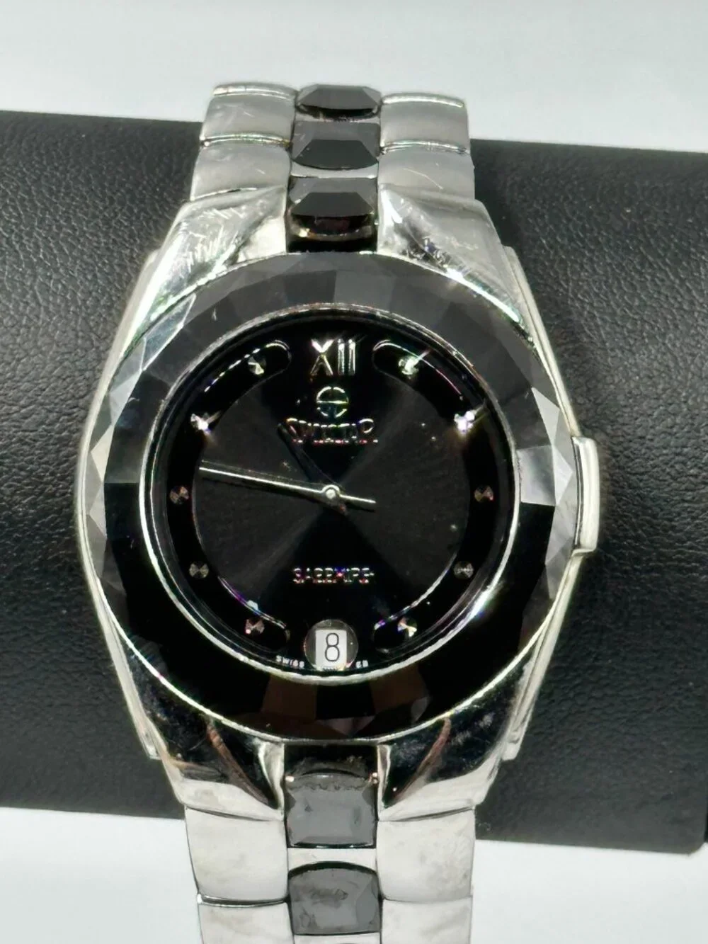 Swistar Sappire Men Watch 35mm Black Dial Date Faceted Bezel New Battery 8.5